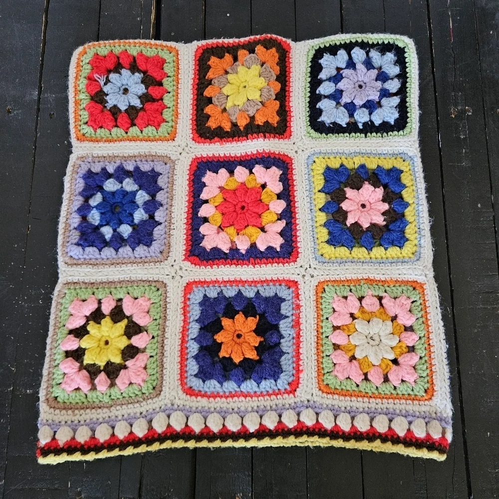 Colorful Vintage Crochet Granny Square Pillow Case Cover Bubble Handmade Knit
